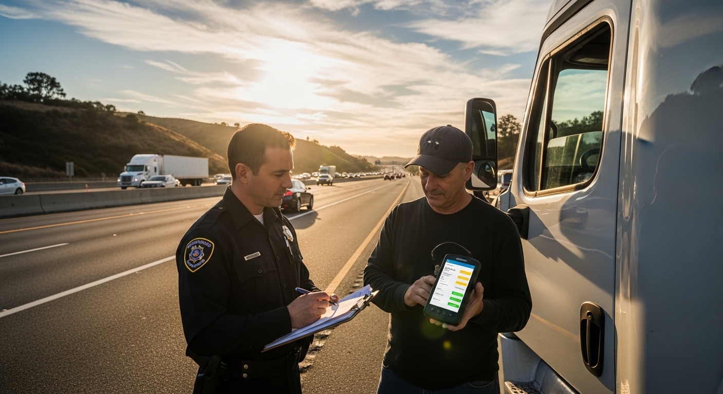 Roadside inspection checking ELD records after a truck accident