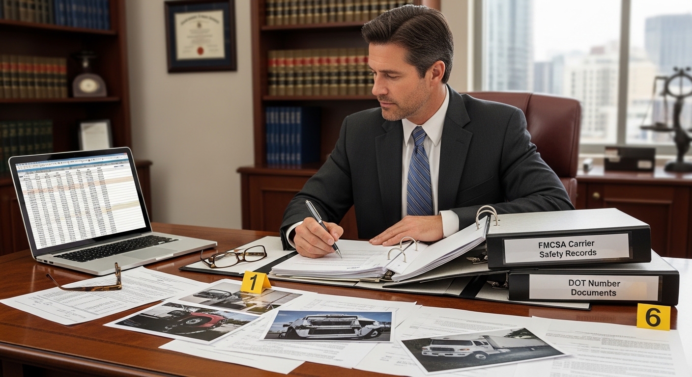 Truck accident lawyer reviewing carrier safety records after a chameleon carrier crash