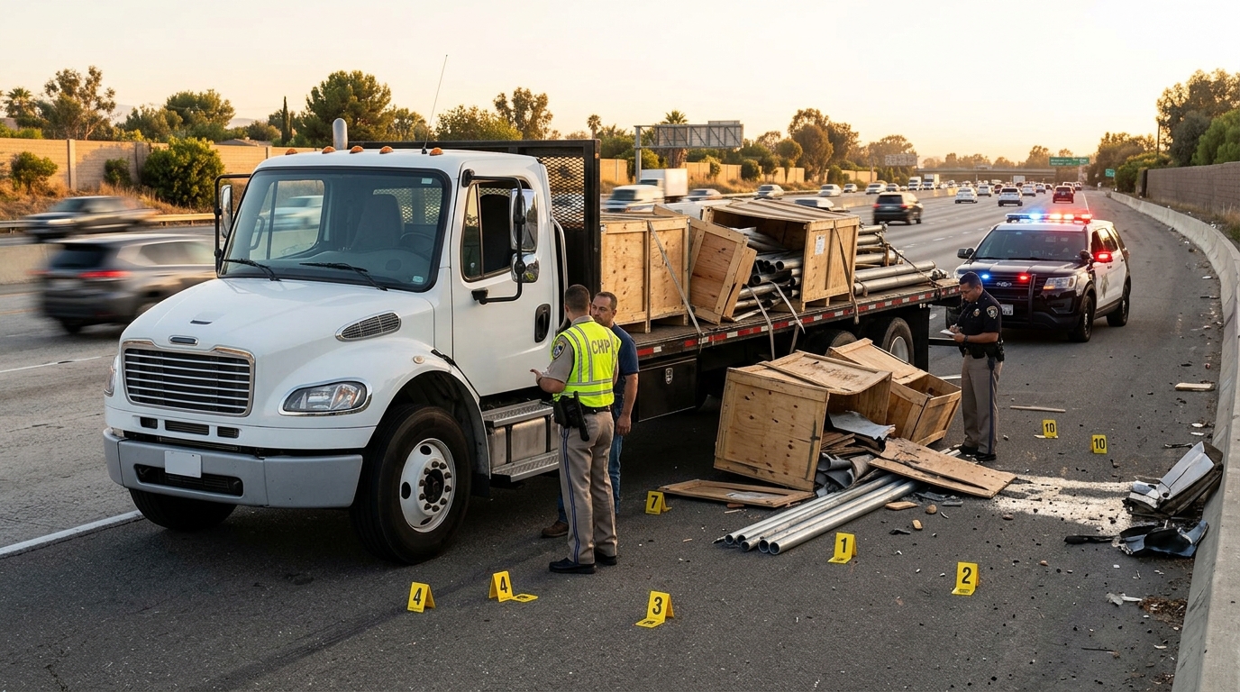 Cargo securement failure truck accident on an Orange County freeway