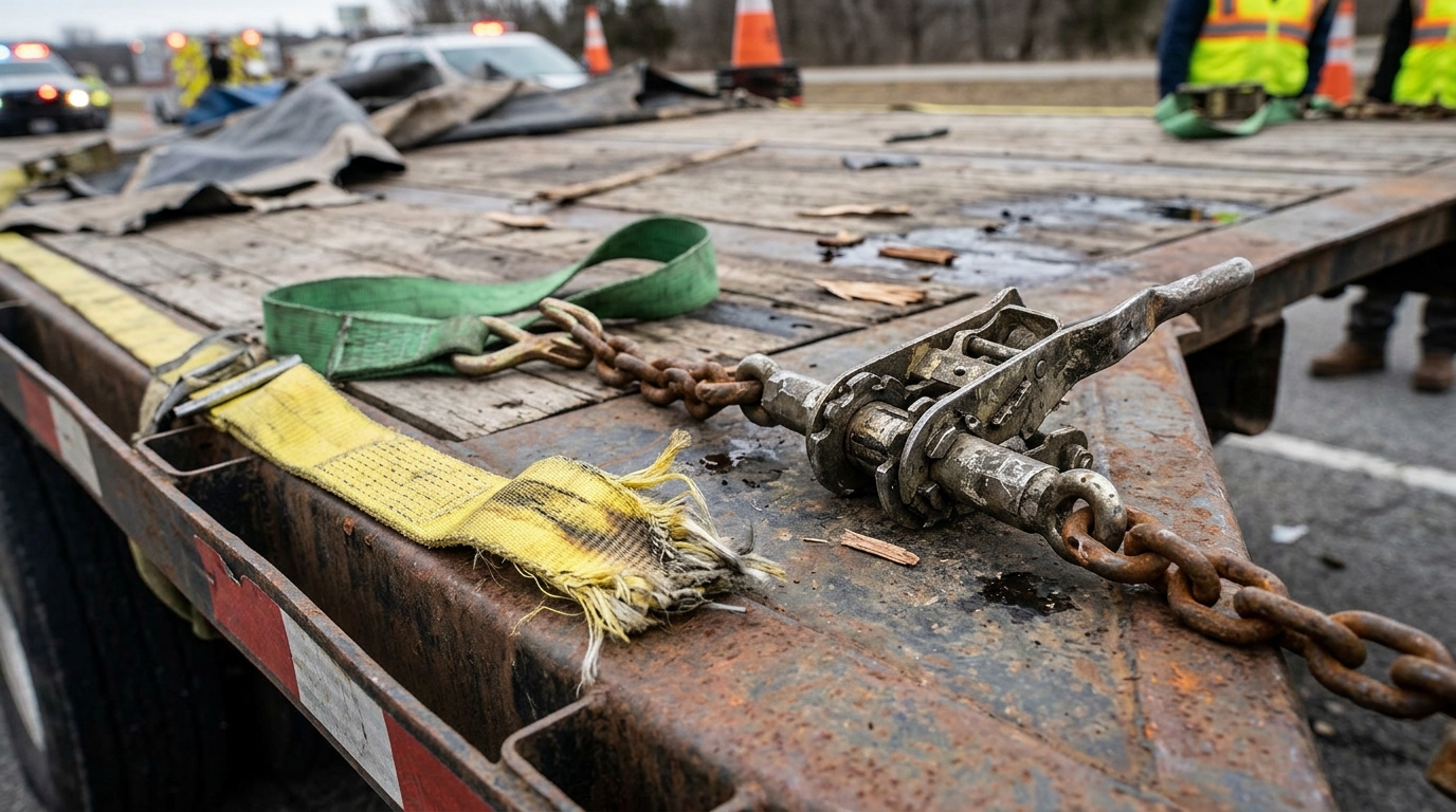 Damaged tiedown straps and cargo securement equipment after a truck crash