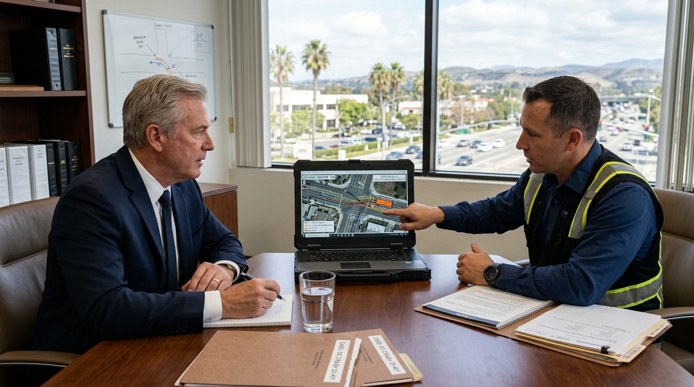 Lawyer reviewing box truck crash evidence for an Orange County claim