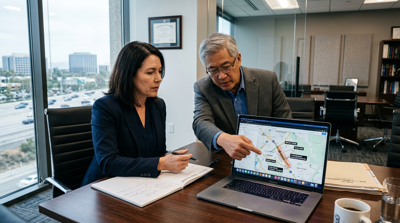 Lawyer reviewing truck crash study evidence for an Orange County claim
