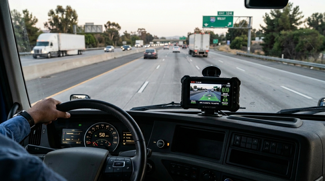 AI dashcam inside a commercial truck recording speed, lane position, and road conditions before a crash