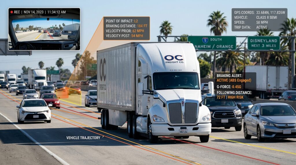 AI dashcam truck accident evidence showing a commercial truck, digital video data, and Orange County freeway traffic
