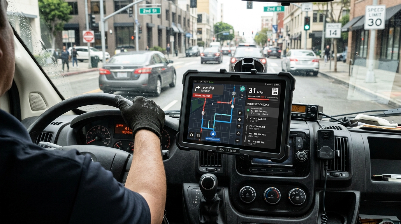 Delivery driver dashboard showing GPS route pressure, traffic alerts, and same-day delivery deadlines