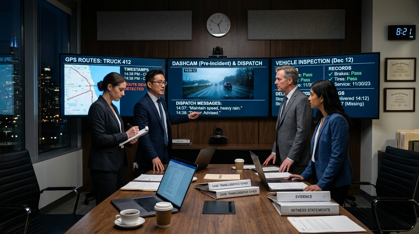 Legal team reviewing GPS routes, dispatch records, and delivery truck crash evidence after an Orange County accident