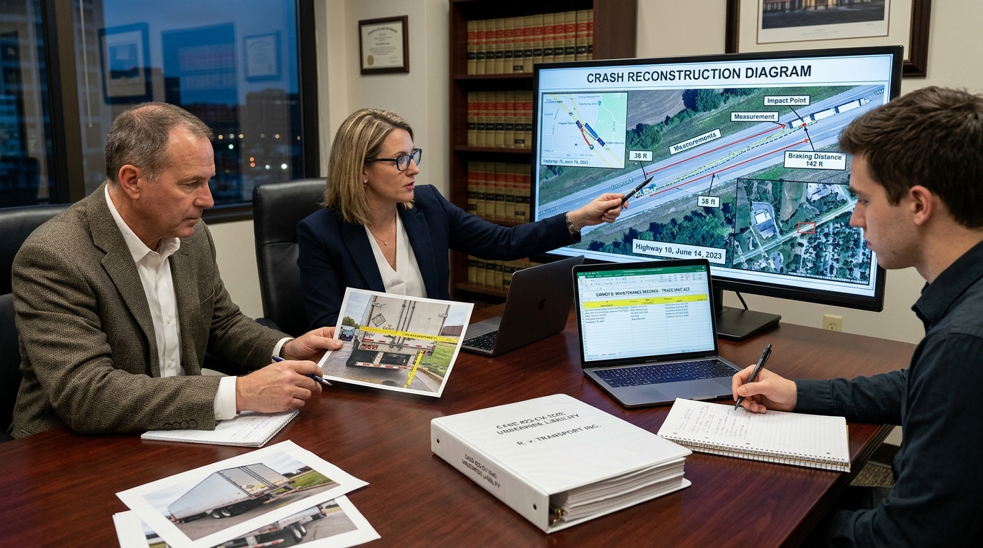 Legal team reviewing underride guard failure evidence, trailer inspection photos, and crash reconstruction records