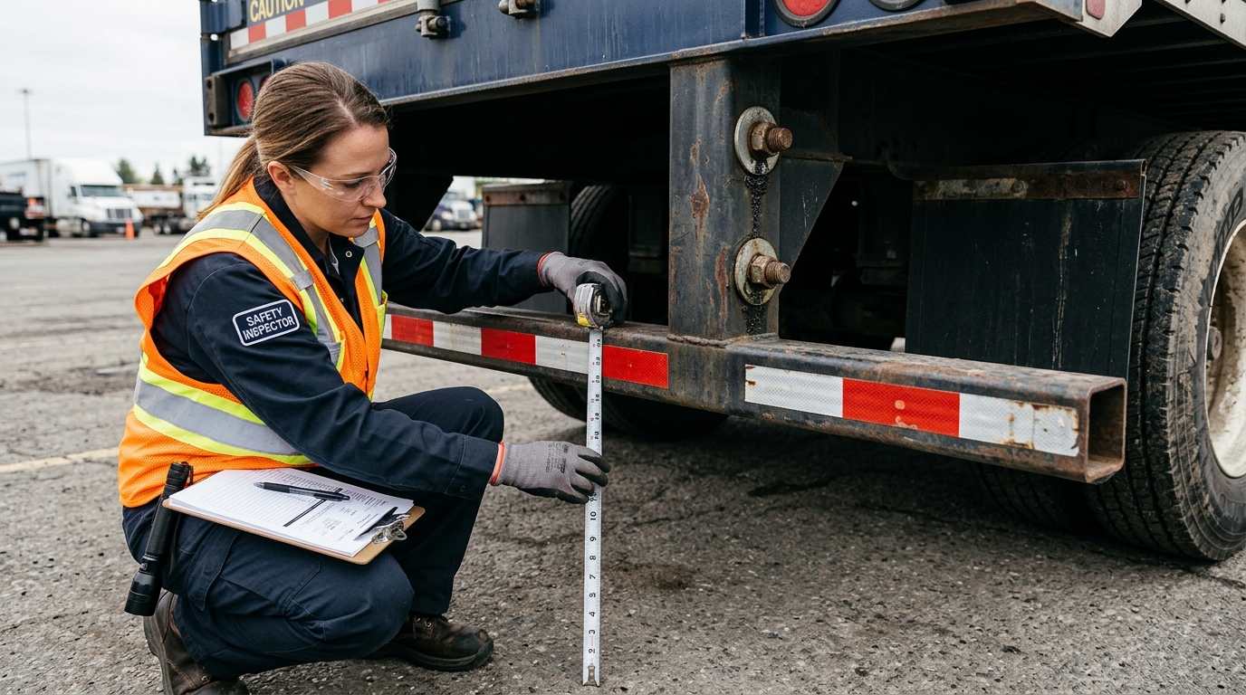 Safety investigator inspecting a semi-trailer rear underride guard after a truck accident