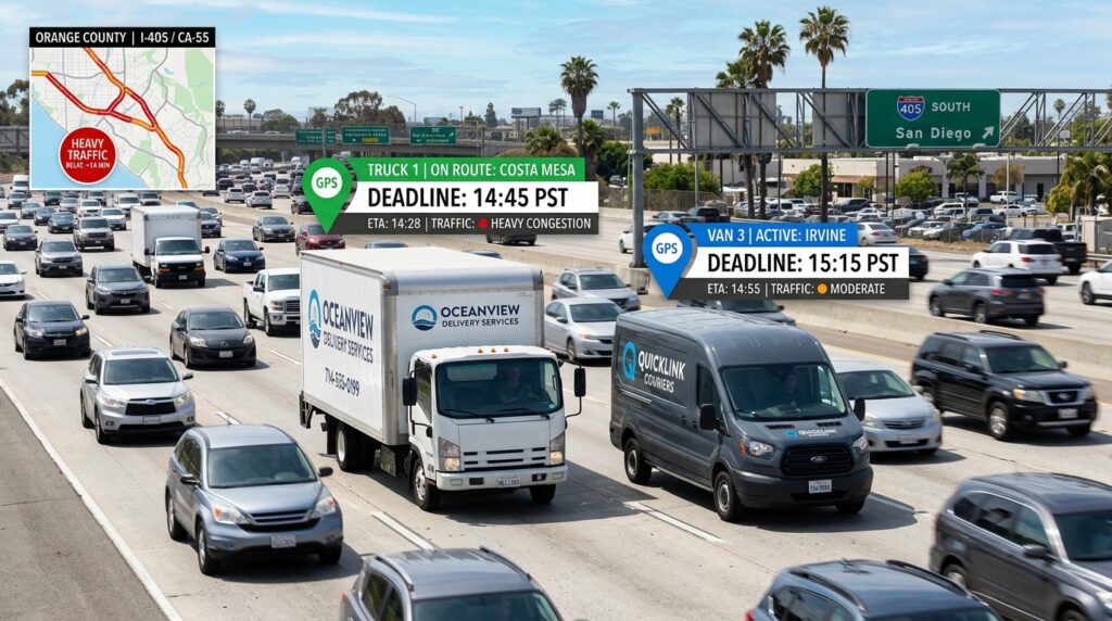 Same-day delivery truck accident risk shown through delivery vehicles, route timers, and Orange County traffic