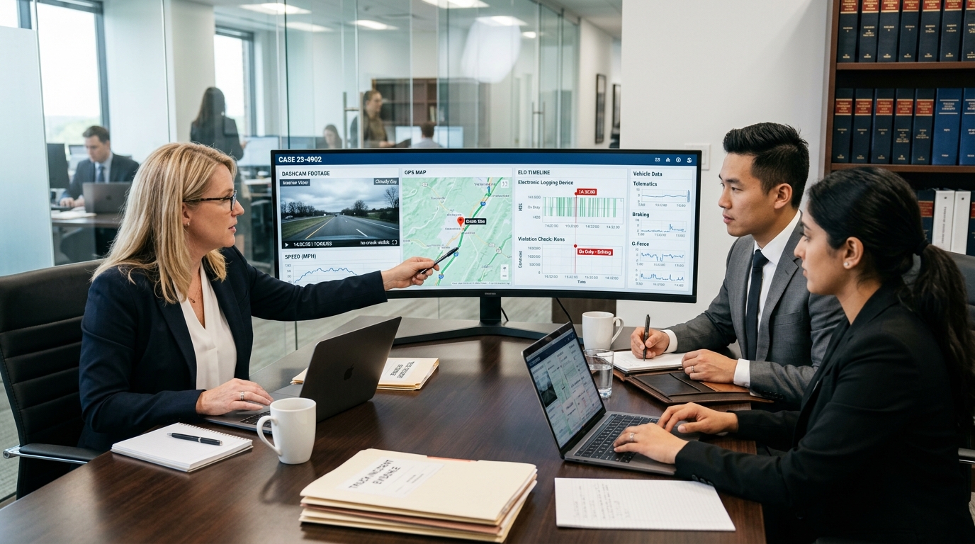 Truck accident legal team reviewing AI dashcam footage, ELD records, and GPS data for a claim