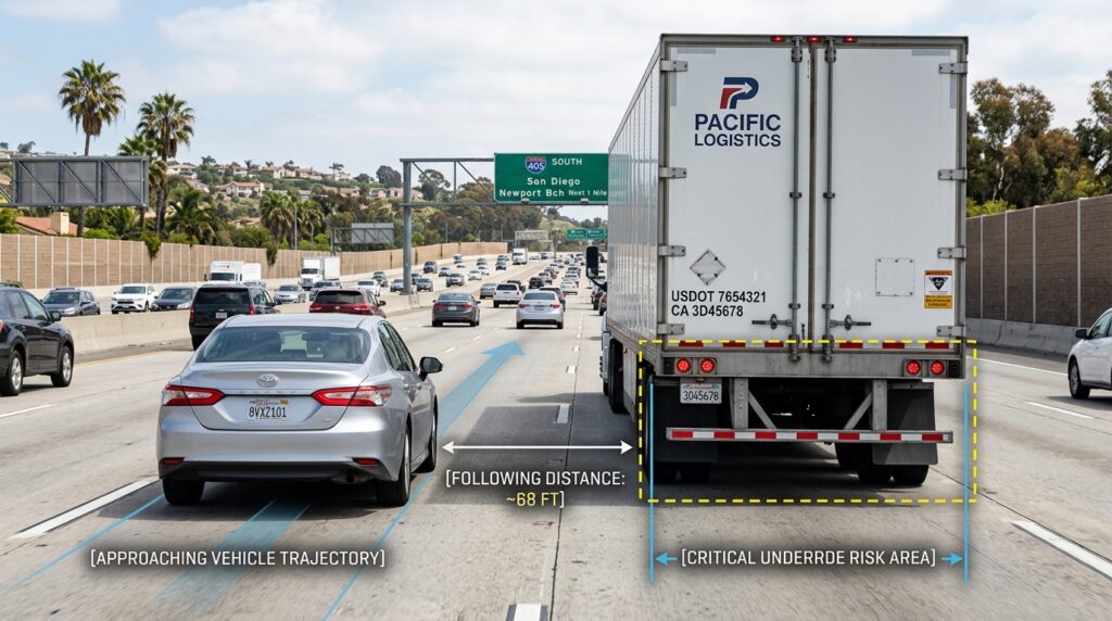 Underride guard failure truck accident scene showing a passenger vehicle near a semi-trailer on an Orange County freeway