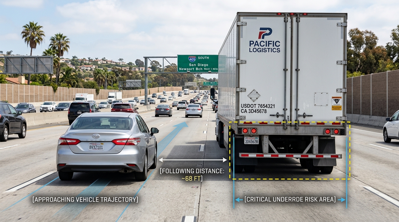 Underride guard failure truck accident scene showing a passenger vehicle near a semi-trailer on an Orange County freeway