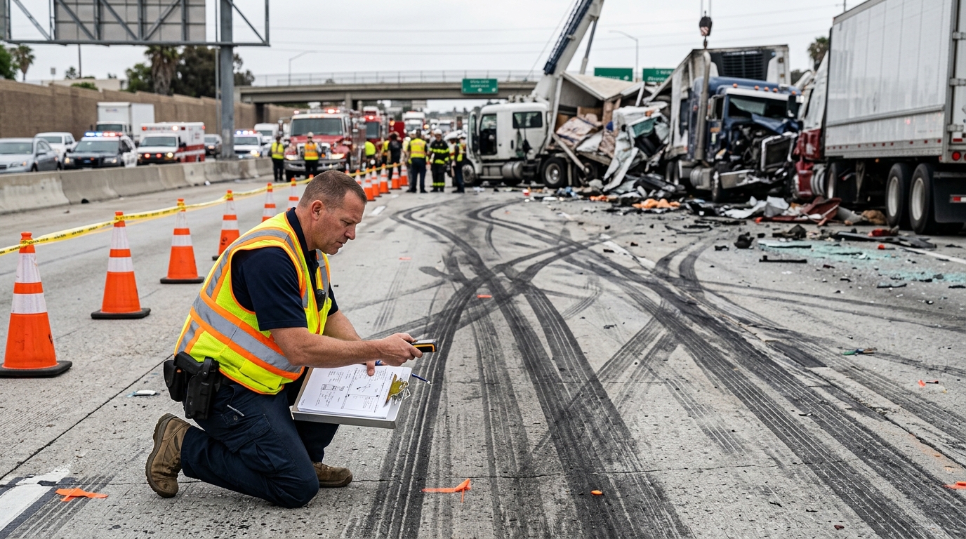 Accident reconstruction specialist reviewing evidence after a truck pileup
