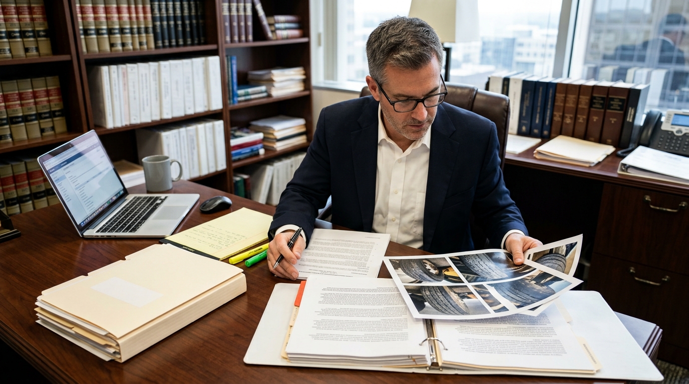 Attorney reviewing truck tire maintenance records for an accident claim