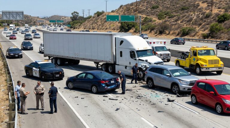Chain-reaction truck crash on a Southern California freeway