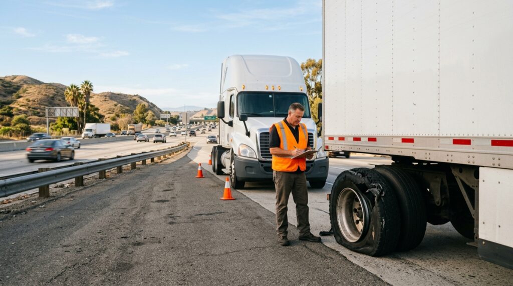 Commercial truck stopped after tire blowout on an Orange County freeway