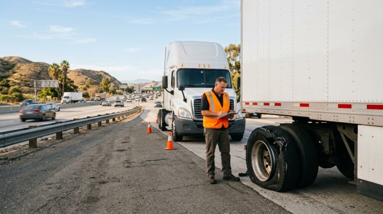 Commercial truck stopped after tire blowout on an Orange County freeway