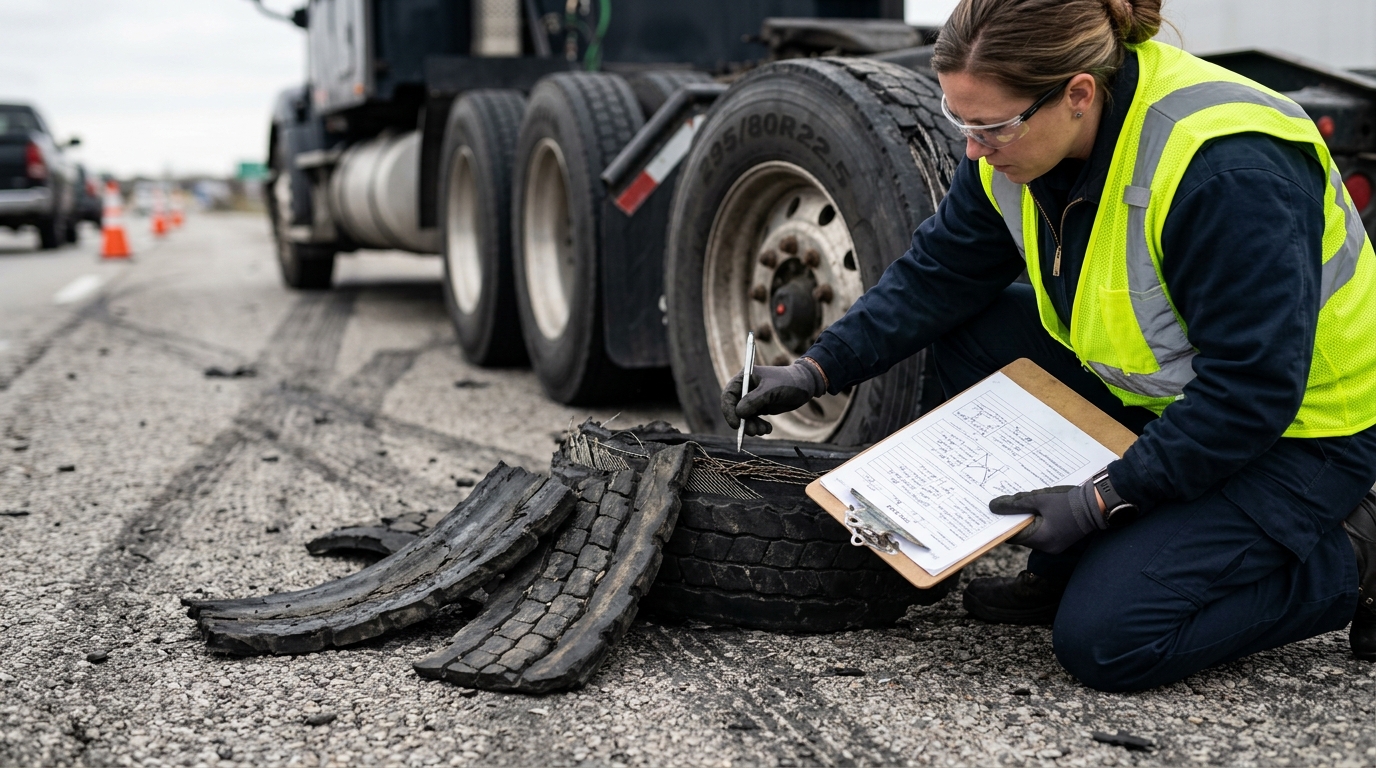 Investigator reviewing damaged truck tire evidence after a blowout