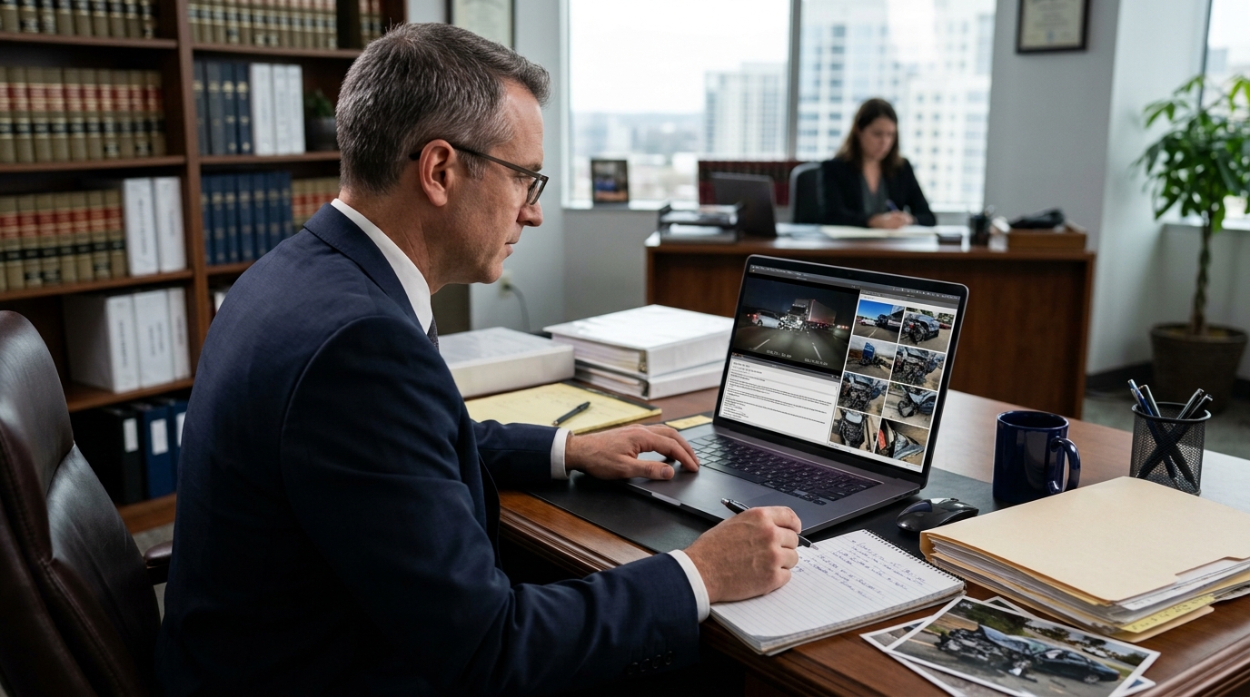 Truck accident attorney reviewing evidence from a multi-vehicle crash