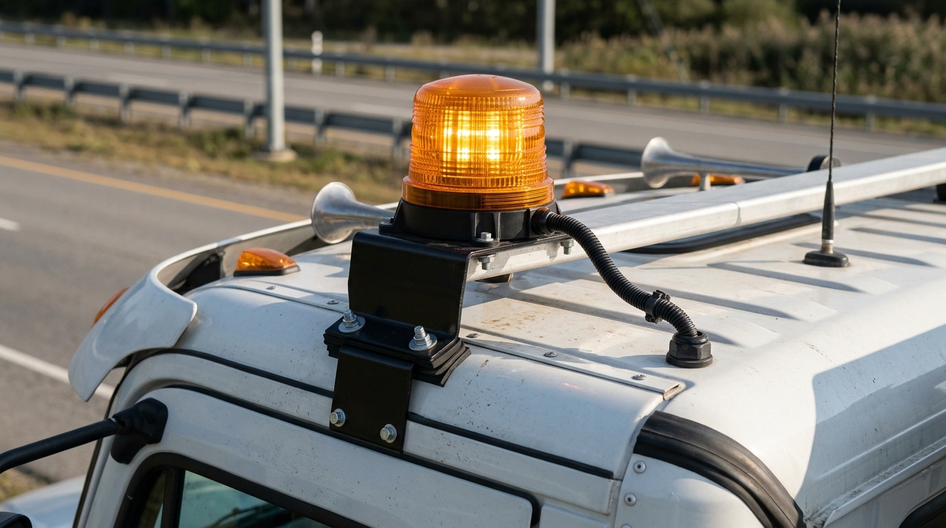 Cab-mounted amber warning beacon illustrating FMCSA's 2026 autonomous truck safety exemption