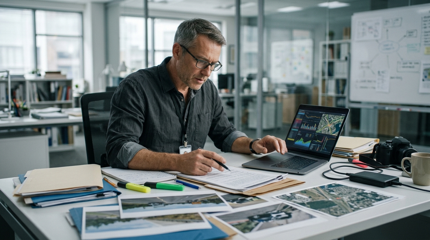 Investigator reviewing electronic truck data and roadway evidence in an autonomous truck accident claim